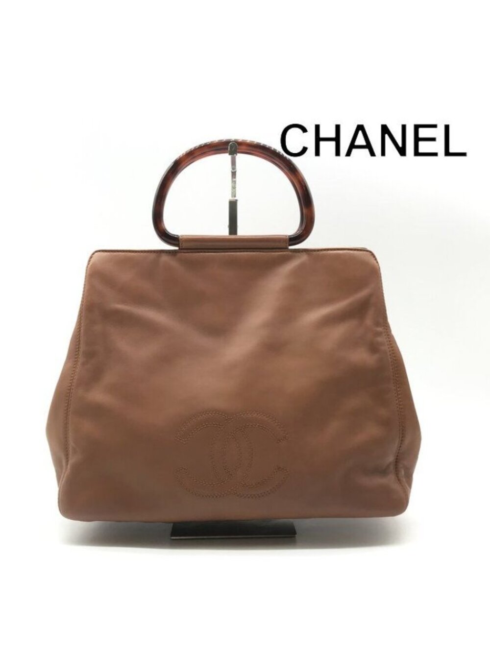Chanel CC Logo Lambskin Leather Tortoiseshell Handle Hand Brown Shoulder